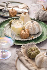 Sticker - Autumn table setting with pumpkins. Thanksgiving holiday dinner and fall decoration