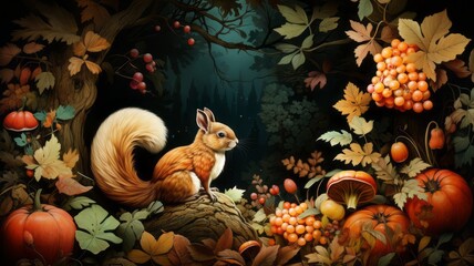 Forest autumn landscape background with squirrels