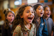 A group of children's theater students enthusiastically rehearsing a lively musical number 