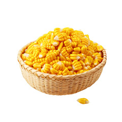 Wall Mural - Corn in a basket on transparent background PNG. Cereal grain concept that is beneficial to humans.