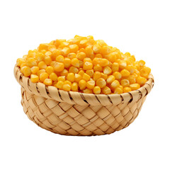 Poster - Corn in a basket on transparent background PNG. Cereal grain concept that is beneficial to humans.