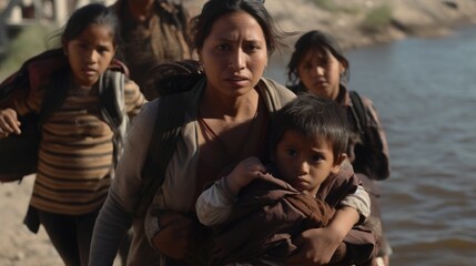 Juarez, Chihuahua, Mexico, 04-04-19 group of women carrying their children cross the Rio Grande to try to cross the border into the United States