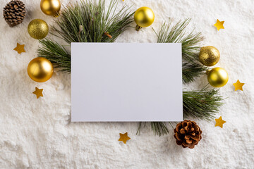 Poster - Christmas decorations with white card and copy space on snow background