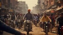Many people and rickshaws move slowly in the very crowded streets of Old Delhi in India. full ultra HD, High resolution