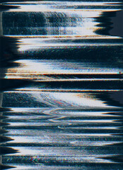 Wall Mural - VHS tape glitch. Analog noise texture. 8bit frequency. Blue orange white color pixel artifacts on dark black illustration abstract background.