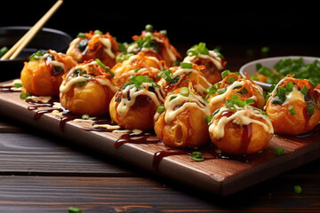 Japanese takoyaki, a round savory and crispy octopus ball with takoyaki sauce and green onion.