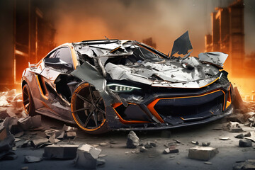 Wall Mural - Car destroyed after an accident. Car accident on the street, damaged car after collision. Violation of traffic rules. Serious car accident. Road traffic accident.