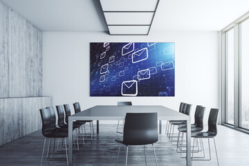 Poster - Creative abstract postal envelopes sketch on presentation monitor in a modern boardroom, e-mail and marketing concept. 3D Rendering