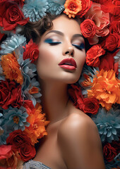 fashion caucasian vogue model with luscious, juicy lips and tropical flower art