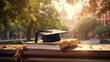 © Art.disini - Graduation cap and stack of books on university grounds background.