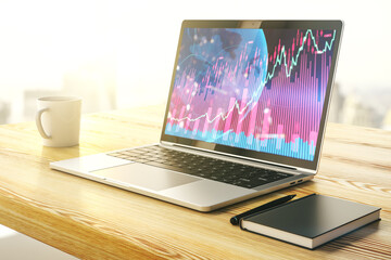 Poster - Computer monitor with abstract creative financial graph with world map, financial and trading concept. 3D Rendering