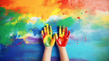 Child Drawing Rainbow. Paint On Hands.