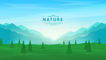 Wall Mural - Flat background image. Mountain ranges and peaks, green valleys and trees. Foggy landscape, sunrise. The concept of tourism, hiking, recreation in nature. Vector image.