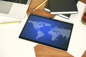 Poster - Top view of abstract world map on modern digital tablet screen, big data and blockchain concept. 3D Rendering