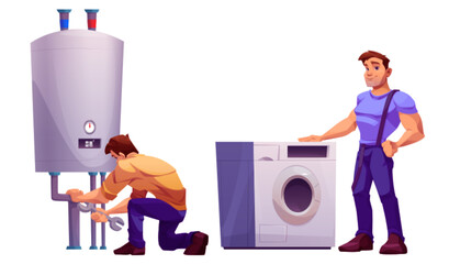 Wall Mural - Repairman fixing boiler, standing by washing machine isolated on white background. Vector cartoon illustration of men providing repair, maintenance, installation services for household appliances