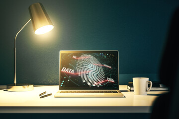 Poster - Modern computer monitor with abstract creative fingerprint hologram, research and development concept. 3D Rendering