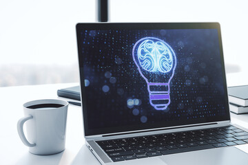 Poster - Modern computer monitor with creative light bulb hologram with human brain, idea and brainstorming concept. 3D Rendering