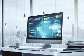 Poster - Modern computer display with abstract programming language hologram and world map, artificial intelligence and neural networks concept. 3D Rendering