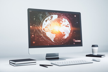 Leinwandbilder - Abstract creative world map on modern laptop screen, international trading concept. 3D Rendering