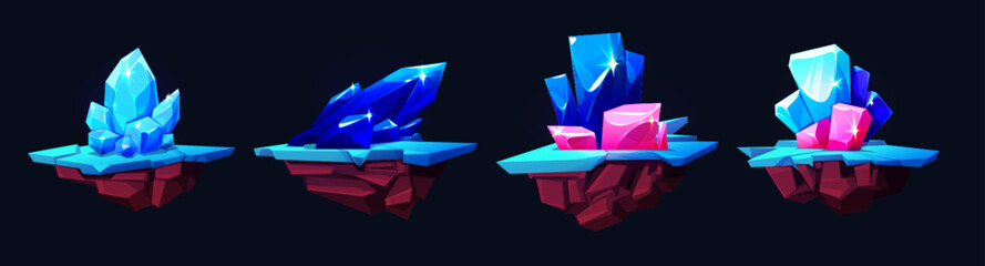 Poster - Set of flying game islands with gemstones isolated on black background. Vector cartoon illustration of floating land pieces with blue, pink mineral crystals, ice rocks on frozen surface, ui elements