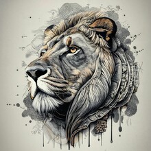 AI Generated Illustration Of A Lion's Head On A Contrasting Gray Background