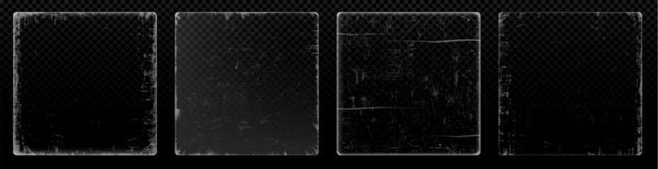 Poster - Square distressed edge vinyl record covers set isolated on transparent background. Vector illustration of old paper texture with scratches on surface, grainy vintage photo template, overlay effect