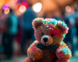 Bunter Püsch-Teddybär mit Party im Hintergrund