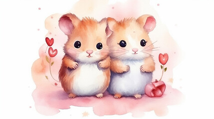 Wall Mural - Cute hamsters in love celebrating Valentine's Day and opening a gift	