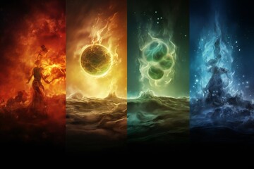 Abstract four elements concept art, Earth, Fire, Air, Water background Generative AI