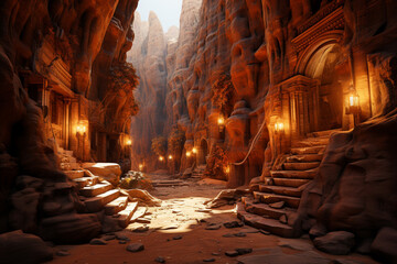 Fototapete - This interpretation of Petra showcases a fusion of abstract and geometric art. The intricate carvings and rock formations of the site are reimagined as a series of inflated forms. 