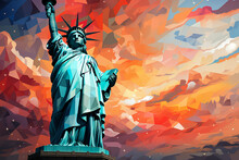 This Abstract Representation Of The Statue Of Liberty Combines Bold Geometric Shapes And Vibrant Colors. 