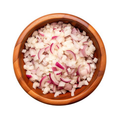 Wall Mural - top view of diced onions vegetable in a wooden bowl isolated on a white transparent background