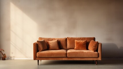 Velvet loveseat sofa near beige blank wall with copy space. Minimalist home interior design of modern living room.