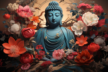 Leinwandbilder - A digital illustration of the Great Buddha of Kamakura, featuring intricate geometric patterns and a harmonious color palette inspired by Japanese art and design,  