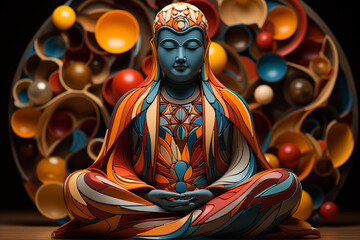 Leinwandbilder - An abstract ceramic artwork inspired by the Great Buddha of Kamakura, incorporating geometric patterns and textures to convey the statue's peaceful and meditative aura,  