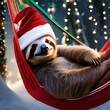 A relaxed sloth dressed as Santa, enjoying a nap in a hammock strung with Christmas lights4