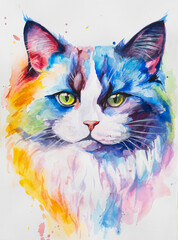 Ragdoll Cat painted in watercolor on a white background in a realistic manner, colorful, rainbow. Ideal for teaching materials, books and nature-themed designs.