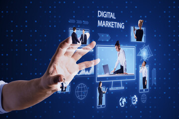 Poster - Close up of businessman hands using creative blue devices hologram with tiny european businesspeople on blurry background. Digital marketing, social network and online service concept.