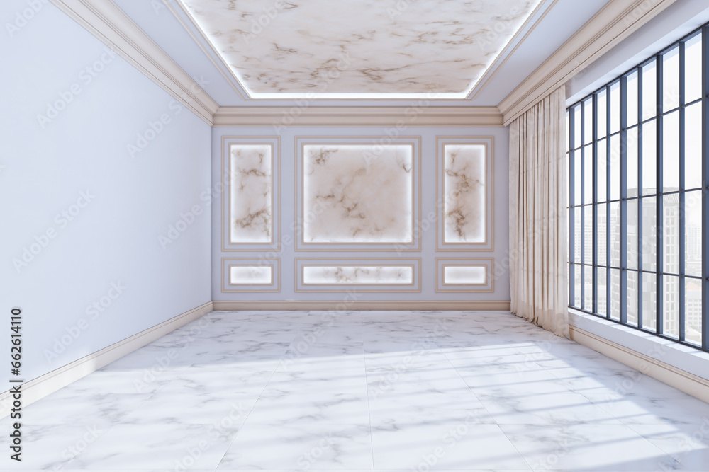 Modern luxury interior with window, city view and curtains, classic ...