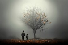 AI Generated Illustration Of Two Kids Standing Near A Bare Tree In Autumn