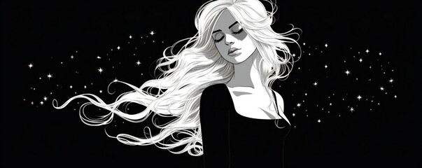 Wall Mural - Wrawing of a woman, dark aesthetic, clean lineart, blonde goddess, tall thin, white on black, empty copy space Generative AI