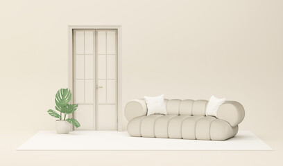 Wall Mural - Clothes hanging on a rack, plant pot, armchair on white and beige background. Creative composition. Light background with copy space. 3D render for web page, presentation, studio, store fashion
