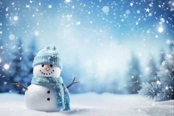  Snowfall New Year: Beautiful Snowman in Calm Winter Landscape. Merry Christmas Greeting Card with Snow Background