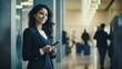 © Restyler - Smiling brunette woman in a black business suit and white blouse indoors at a bank with a smartphone in her hands. Digital technologies.