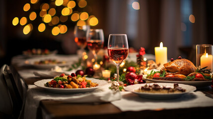 Wall Mural - Christmas Dinner tabletop, beautifully decorated with creamy bokeh christmas lights in the background 