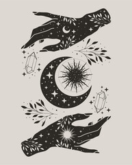 magical moon, sun and woman hands. gray colors. alchemy esoteric magic space, vector isolated on lig