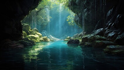  an underground river at a cave in a park, in the style of light aquamarine and azure, tropical