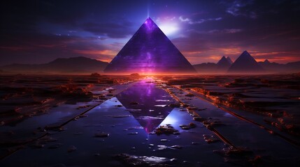 Poster - Pyramid with reflection of it in the water at night.