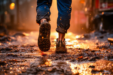 Poster - Person walking through puddle of water with their feet in the air.