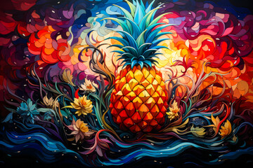 Wall Mural - Image of pineapple surrounded by water and flowers.